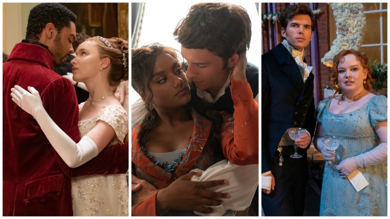 Simon (Regé-Jean Page) and Daphne (Phoebe Dynevor), Kate (Simone Ashley) and Anthony (Jonathan Bailey), and Colin (Luke Newton) and Penelope (Nicola Coughlan)