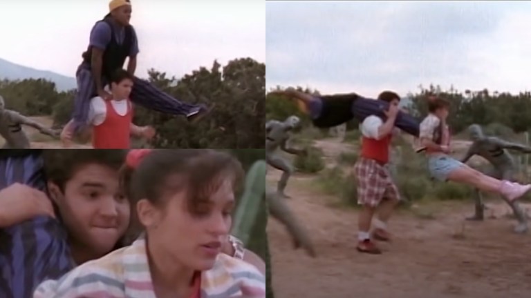 Zack, Jason, and Kimberly fight by forming themselves into a "human chain" in the Power Rangers episode, "High Five."
